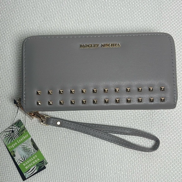 Badgley Mischka Handbags - NWT Badgley Mischka Gray Studded Clutch Wristlet Gold Tone Hardware Zip Closure